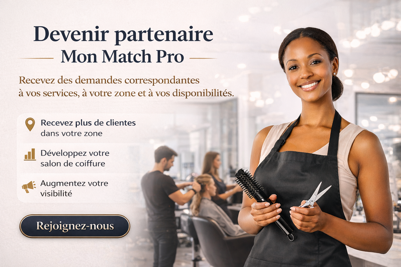 Devenir partenaire Mon Match Pro, recevez des demandes correspondantes à vos services, à votre zone et à vos disponibilités.